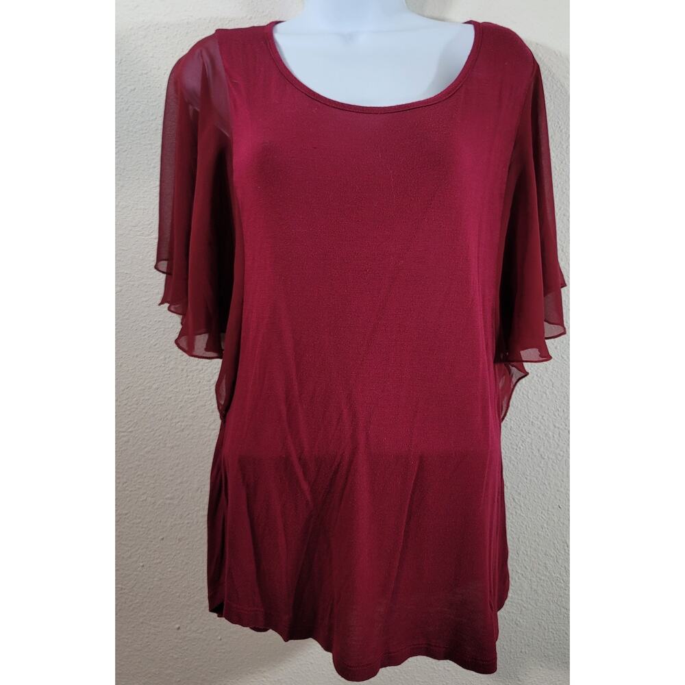 Celeste Burgundy Batwing Sheer Sleeves Small Lightweight Flowy Soft Round Neck
